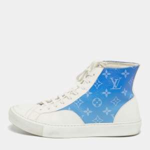 Pre Owned Louis Vuitton Blue/White Monogram Canvas and Leather Tattoo Sneakers Size 41