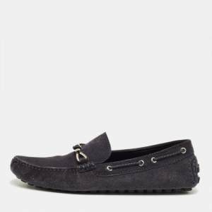 Pre Owned Louis Vuitton Navy Blue Suede Bow Slip On Loafers Size 42