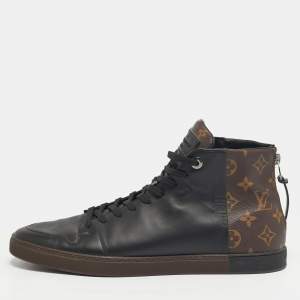 Pre Owned Louis Vuitton Line Up Size 43 Black/Brown Monogram Canvas and Leather High Top Sneakers
