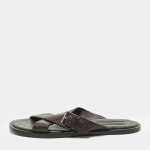 مملوكة مسبقًا صندل فلات كروس كروس جلد دامييه بني داكن لويس فيتون مقاس 44