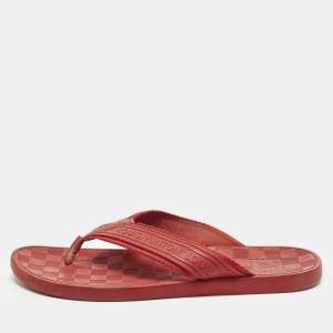 Pre Owned Louis Vuitton Size 44 Red Leather and Rubber Thong Flats Slide