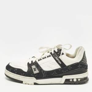 Pre Owned Louis Vuitton LV Trainer Size 44.5 White/Black Monogram Denim and Leather Sneakers