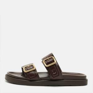 Pre Owned Louis Vuitton Venice Size 45 Dark Brown Leather Flat Slide
