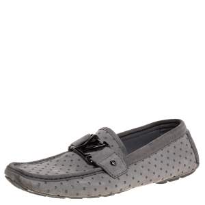 Pre Owned Louis Vuitton Grey Cutout Suede And Leather Monte Carlo Loafers Size 40.5