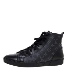 Louis Vuitton Black Leather and Monogram Eclipse Canvas Match Up High Top Sneakers Size 43.5