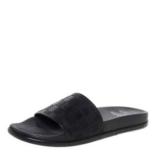 Pre Owned Louis Vuitton Black Damier Embossed Rubber Waterfront Flat Slides Size 41