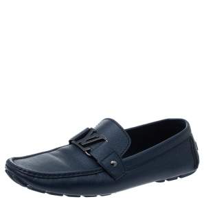 Pre Owned Louis Vuitton Navy Blue Leather Monte Carlo Loafers Size 45