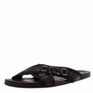 Pre Owned Louis Vuitton Black Leather And Canvas Criss-Cross Flat Sandals Size 46.5