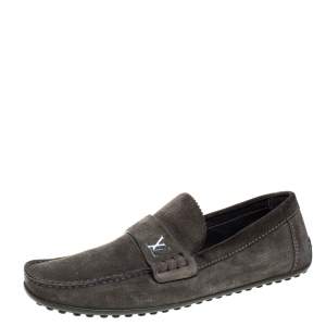 Pre Owned Louis Vuitton Olive Green Suede Slip On Loafers Size 41.5
