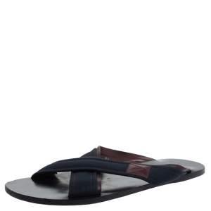 Pre Owned Louis Vuitton Blue Canvas And Brown Leather Trim Cross Strap Flat Slides Size 43.5