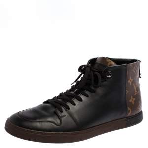Louis Vuitton Black/Brown Leather and Monogram Canvas Line Up High Top Sneakers Size 41.5