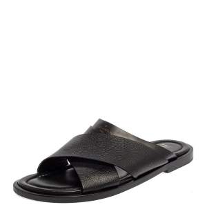  Louis Vuitton Black Leather Foch Cross Strap Flat Slides Size 43