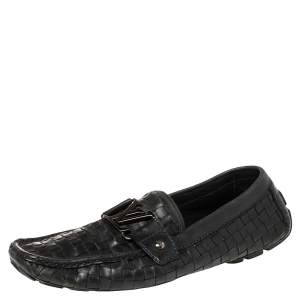 Pre Owned Louis Vuitton Navy Blue Woven Leather Monte Carlo Loafers Size 42