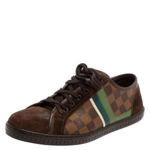 Pre Owned Louis Vuitton Brown Suede And Damier Ebene Punchy Ace Low Top Sneakers Size 41