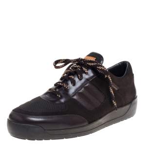 Pre Owned Louis Vuitton Dark Brown Mesh Suede and Leather Low Top Sneakers Size 43.5