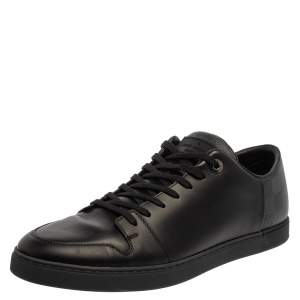 Pre Owned Louis Vuitton Black Leather And Damier Canvas Low Top Sneaker Size 43