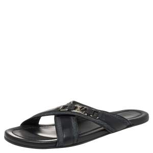  Louis Vuitton Blue Fabric and Leather Hamptons Thong Sandals Size 45.5