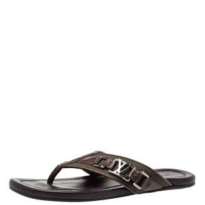 Pre Owned Louis Vuitton Brown Leather And Canvas Hamptons Thong Sandals Size 41.5