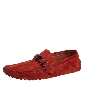 Pre Owned Louis Vuitton Red Suede Hockenheim Slip On Loafers Size 43