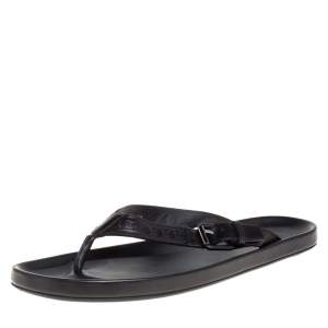 Pre Owned Louis Vuitton Black Monogram Embossed Leather Thong Flat Sandals Size 43.5