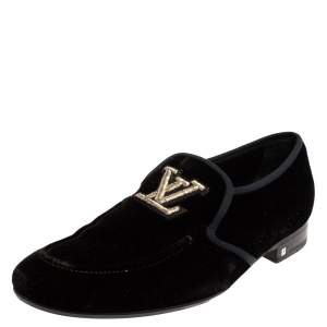 Louis Vuitton Black Velvet Logo Embroidered Slip On Loafers Size 42.5