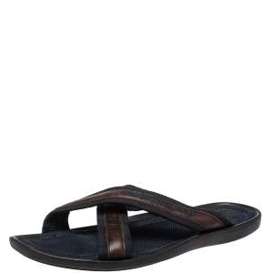 Pre Owned Louis Vuitton Blue/Brown Canvas And Leather Trim Cross Strap Flat Slides Size 45
