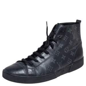 Louis Vuitton Black Leather and Monogram Eclipse Canvas Match Up High Top Sneakers Size 43