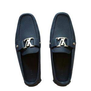 Pre Owned Louis Vuitton Dark Blue Textured Leather Montaigne Moccasins Size EU 42