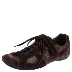 Pre Owned Louis Vuitton Brown Monogram Canvas And Suede Speeding Velcro Sneakers Size 43.5