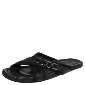 Louis Vuitton Black Canvas and Leather Cross Strap Logo Slides Size 44