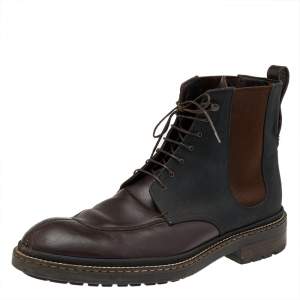 Pre Owned Louis Vuitton Brown/Black Leather And Canvas Lace Up Ankle Boots Size 41.5