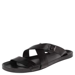 Pre Owned Louis Vuitton Black Leather Criss Cross Strap Flat Slide Sandals Size 45