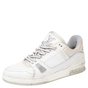Pre Owned Louis Vuitton White Leather And Stretch Fabric LV Trainer Sneakers Size 43