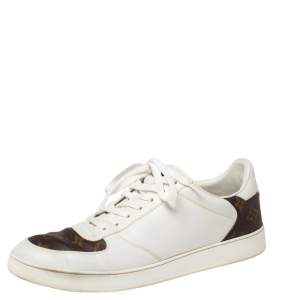 Pre Owned Louis Vuitton White Leather And Monogram Canvas Rivoli Sneakers Size 42