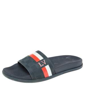 Pre Owned Louis Vuitton Navy Blue Damier Embossed Rubber Waterfront Flat Slides Size 41.5