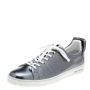 Pre Owned Louis Vuitton Metallic Silver Leather Frontrow Low Top Sneakers Size 45