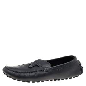 Louis Vuitton Black Leather Logo Bow Slip On Loafers Size 44