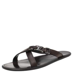 Pre Owned Louis Vuitton Dark Brown Leather Logo Cross Strap Flat Slides Sandals Size 41