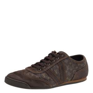Louis Vuitton Brown Suede And Monogram Mini Lin Canvas Low Top Sneakers Size 44.5