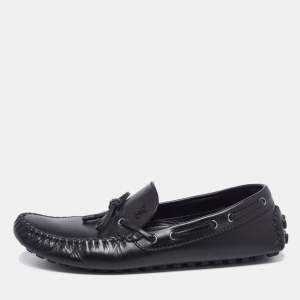 Louis Vuitton Black Leather Logo Bow Slip On Loafers Size 45