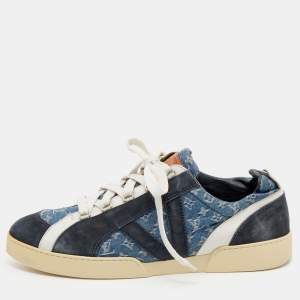 Pre Owned Louis Vuitton Blue Monogram Denim and Suede Rennes Sneakers Size 46