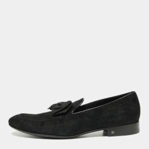حذاء سليبرز لوي فيتون سموكينغ سويدي أسود منقوش بفيونكة مقاس 43.5