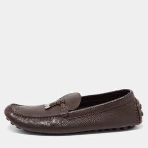 Louis Vuitton Brown Leather Logo Bow Slip On Loafers Size 43.5 