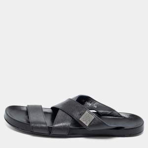 Louis Vuitton Black Leather Criss Cross Strap Flat Slide Sandals Size 41.5 