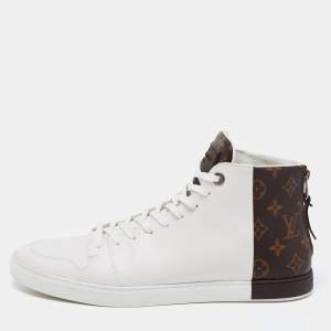 Pre Owned Louis Vuitton White/Brown Leather and Monogram Canvas Line Up High-Top Sneakers Size 44