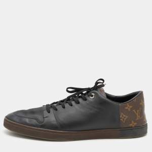Louis Vuitton Black Leather And Monogram Canvas Line Up Low Top Sneakers Size 46