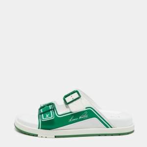 Louis Vuitton White/Green Leather LV Trainer Slides Size 42