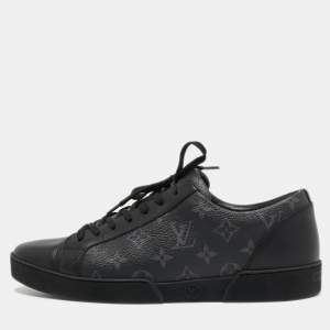 Louis Vuitton Black/Grey Leather and Monogram Coated Canvas Match Up Sneakers Size 43