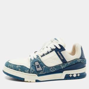 Louis Vuitton White/Blue Leather and Monogram Denim LV Trainer Sneakers Size 42