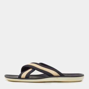  Louis Vuitton Navy Blue Leather and Canvas Crisscross Slide Flats Size 44.5